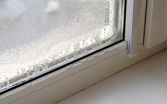 Feuchtigkeit auf der Fensterscheibe, verursacht durch Wasserschäden in der Wohnung.