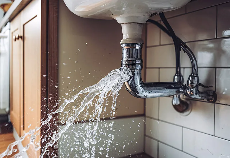 Ein Rohrbruch unter dem Waschbecken verursacht Wasserschäden im Badezimmer.
